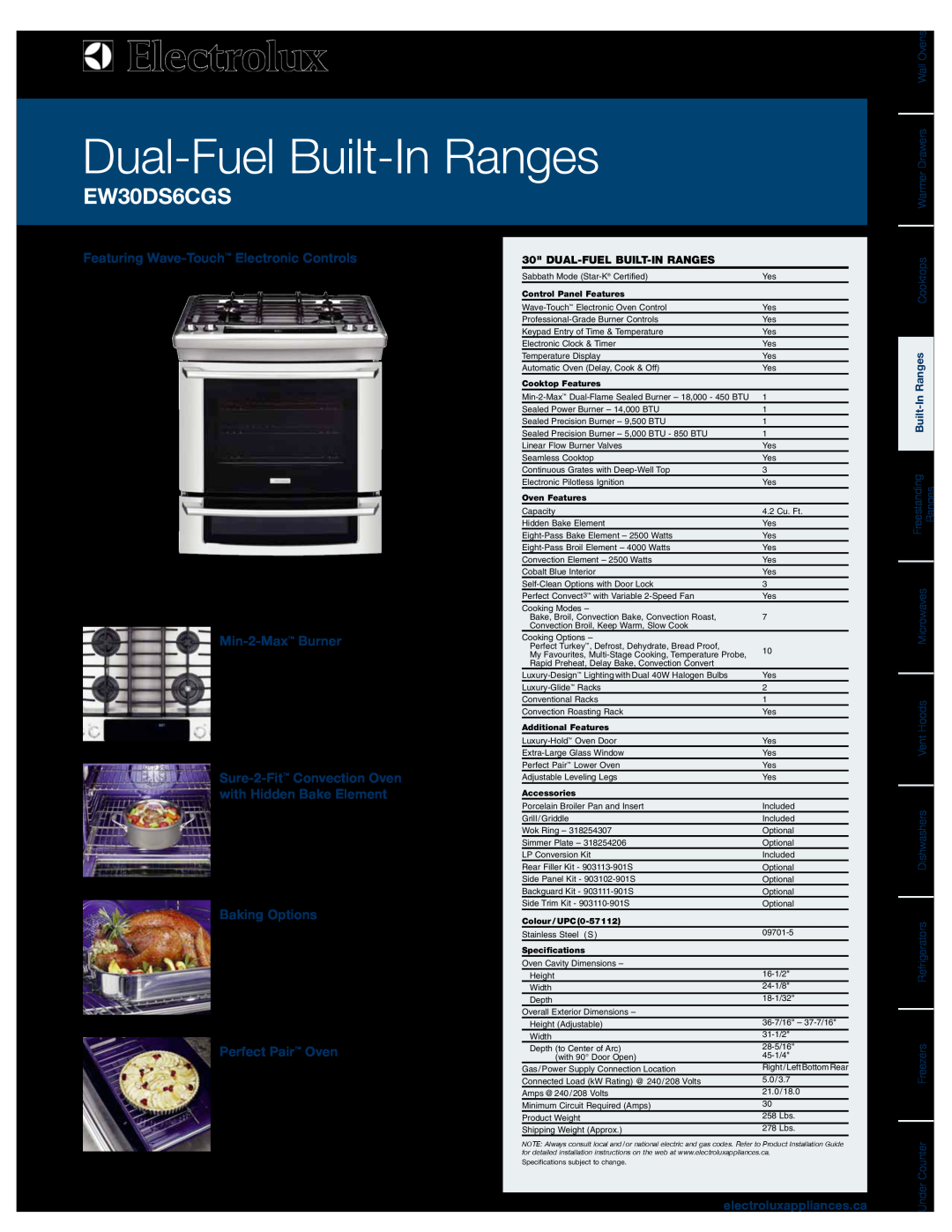 Electrolux EW30DS6CGS specifications Featuring Wave-Touch Electronic Controls Min-2-Max Burner, Baking Options 