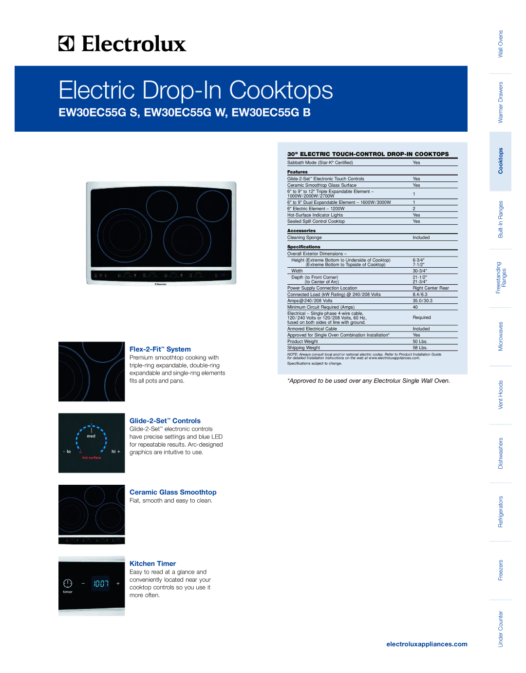 Electrolux EW30EC55G S specifications Flex-2-FitSystem, Glide-2-SetControls, Ceramic Glass Smoothtop, Kitchen Timer 