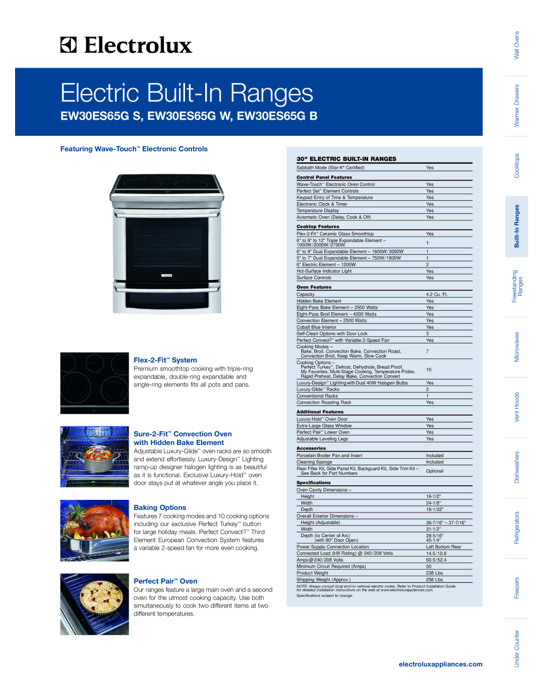 Electrolux EW30ES65G B specifications Featuring Wave-TouchElectronic Controls Flex-2-FitSystem, Baking Options 