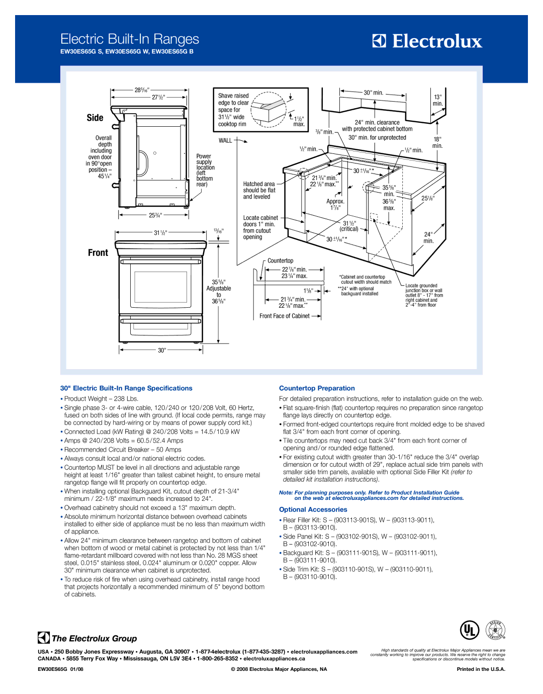 Electrolux EW30ES65G S, EW30ES65G W Electric Built-In Range Specifications, Countertop Preparation, Optional Accessories 