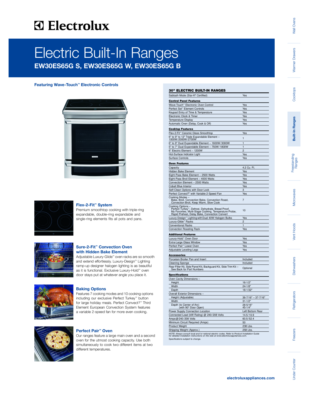 Electrolux EW30ES65G B specifications Featuring Wave-Touch Electronic Controls Flex-2-Fit System, Baking Options 