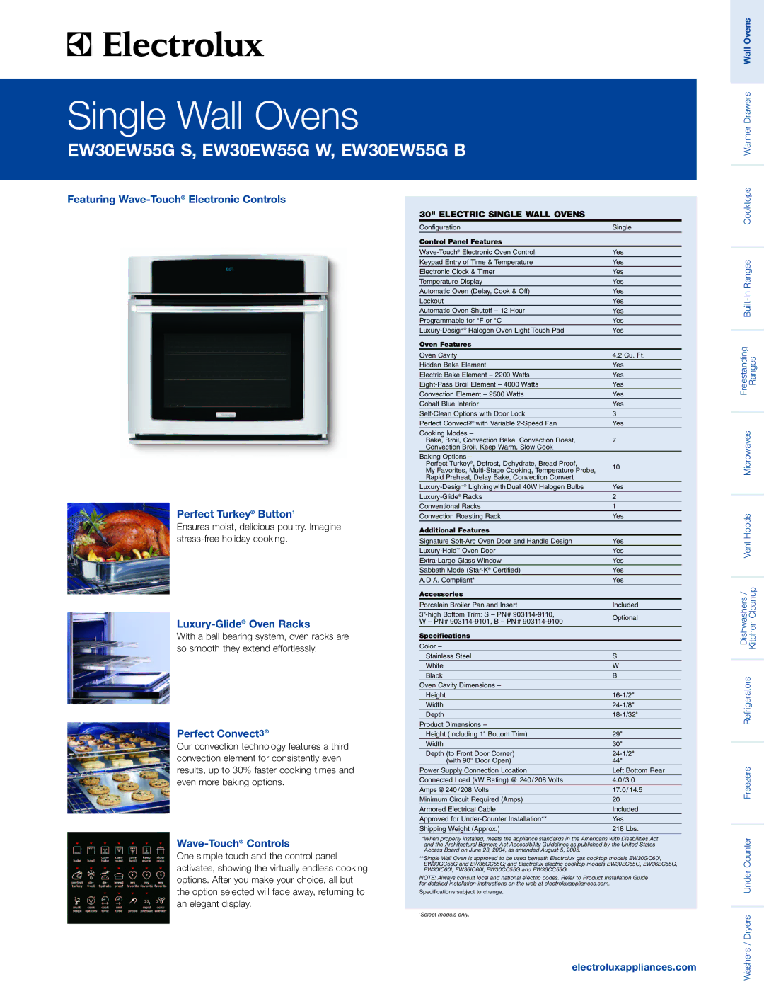 Electrolux EW30EW55G W, EW30EW55G S specifications Luxury-GlideOven Racks, Perfect Convect3, Wave-TouchControls 