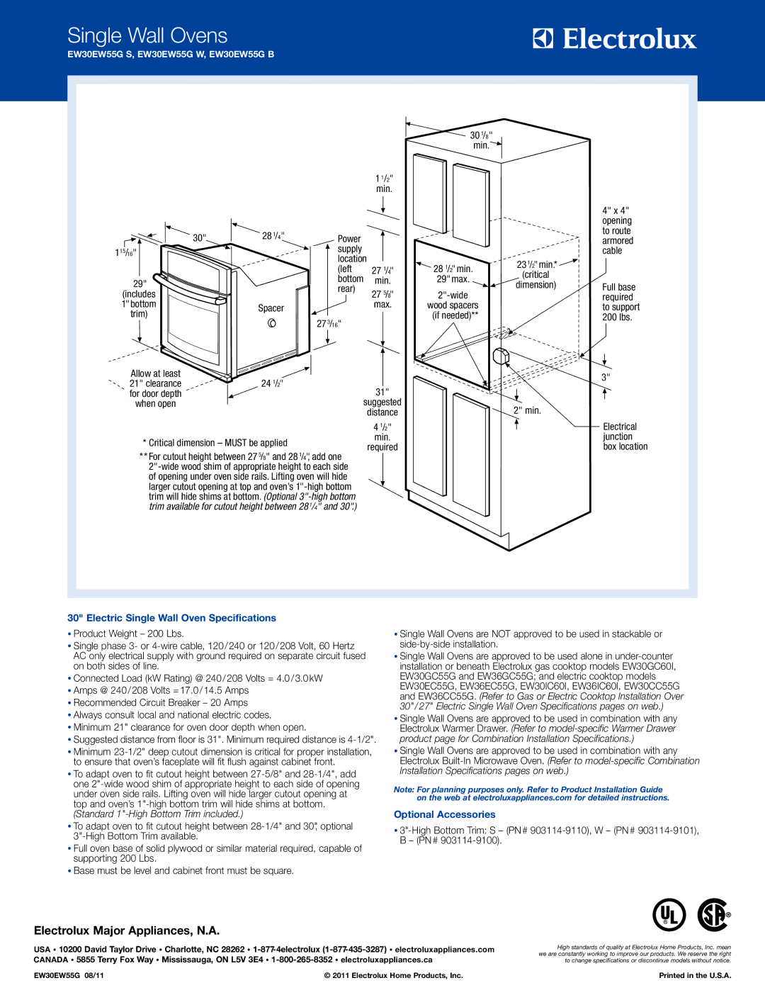 Electrolux EW30EW55G B, EW30EW55G S Single Wall Ovens, Electric Single Wall Oven Specifications, Optional Accessories 