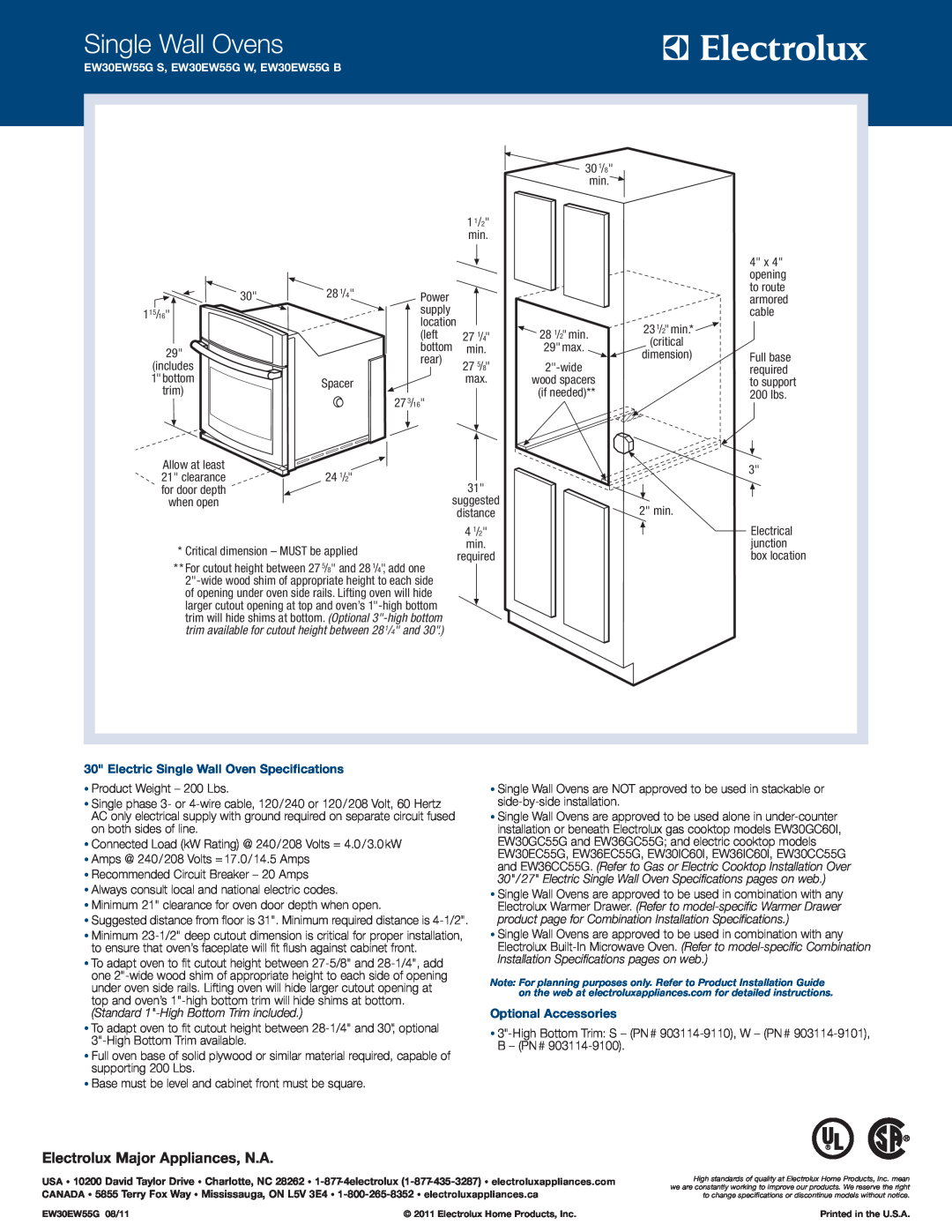 Electrolux EW30EW55G B, EW30EW55G S Single Wall Ovens, Electrolux Major Appliances, N.A, 28 /4 and, Optional Accessories 