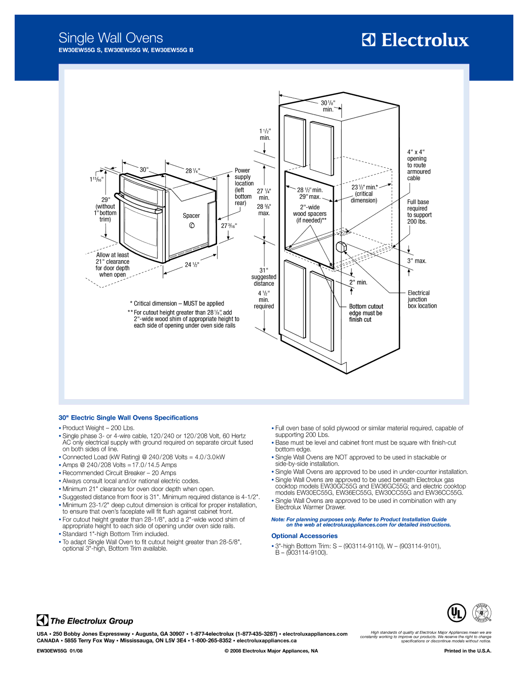 Electrolux EW30EW55GS, EW30EW55GW, EW30EW55GB specifications Electric Single Wall Ovens Specifications, Optional Accessories 