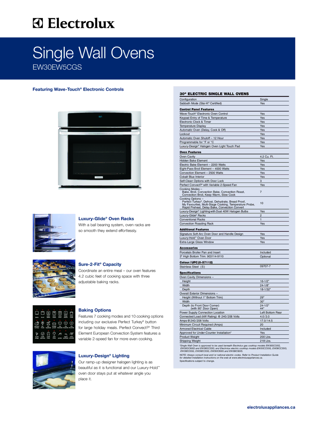 Electrolux EW30EW5CGS specifications Sure-2-FitCapacity, Baking Options, Luxury-DesignLighting, Electroluxappliances.ca 