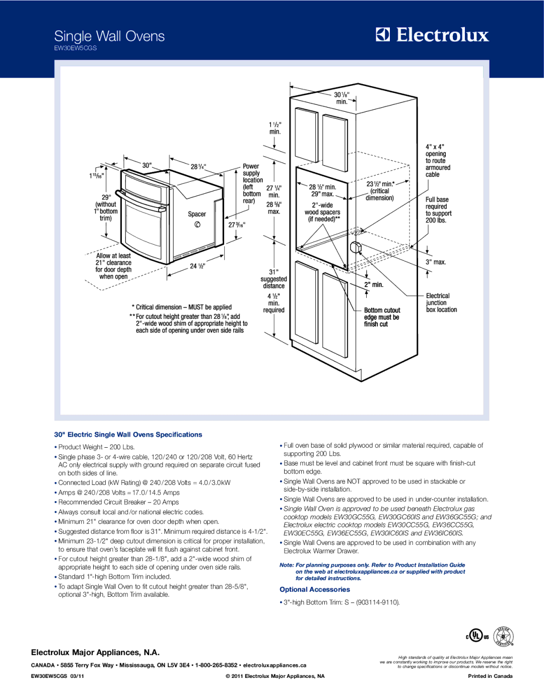 Electrolux EW30EW5CGS specifications Electric Single Wall Ovens Specifications, Optional Accessories 