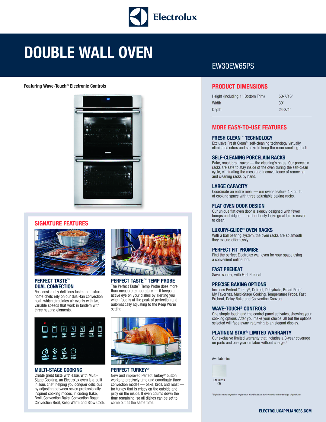 Electrolux EW30EW65PS dimensions Fresh Clean Technology, Self-Cleaning Porcelain Racks, Large Capacity, Fast Preheat 