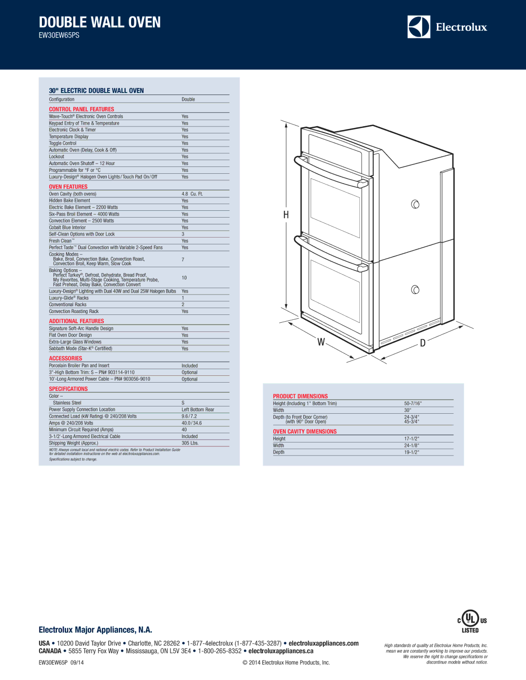 Electrolux EW30EW65PS dimensions Electrolux Major Appliances, N.A 