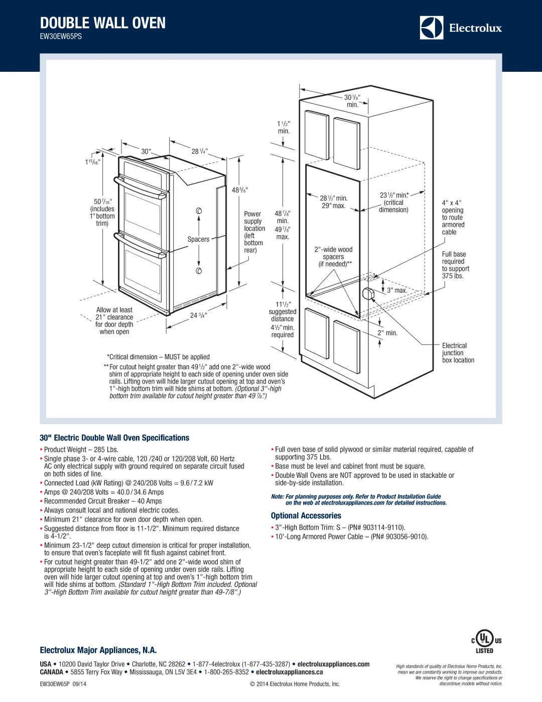 Electrolux EW30EW65PS dimensions Electric Double Wall Oven Specifications, Optional Accessories 