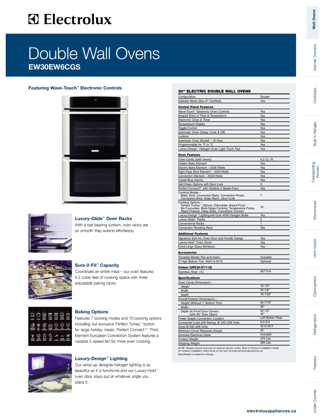 Electrolux EW30EW6CGS specifications Sure-2-FitCapacity, Baking Options, Luxury-DesignLighting, Electroluxappliances.ca 