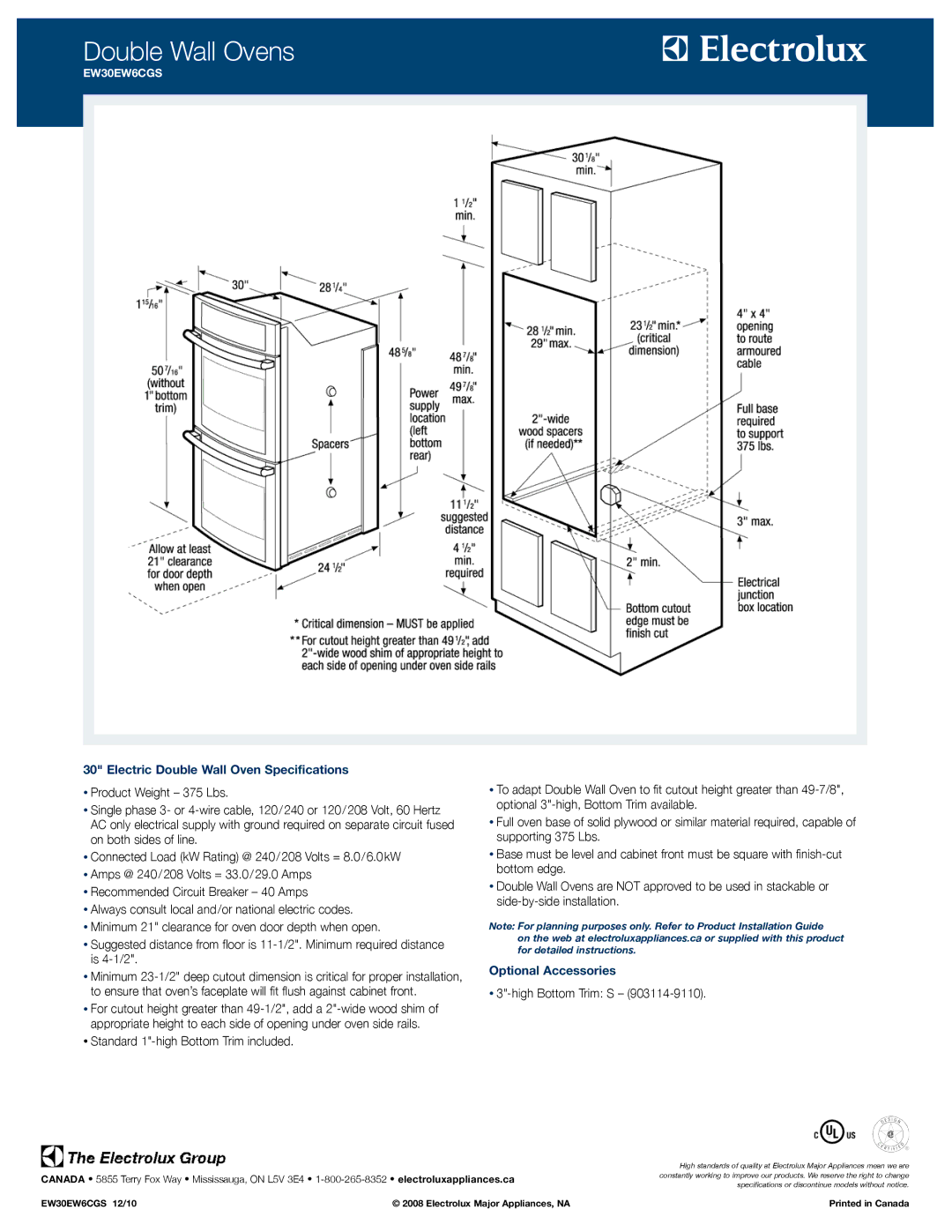 Electrolux EW30EW6CGS specifications Electric Double Wall Oven Specifications, Optional Accessories 