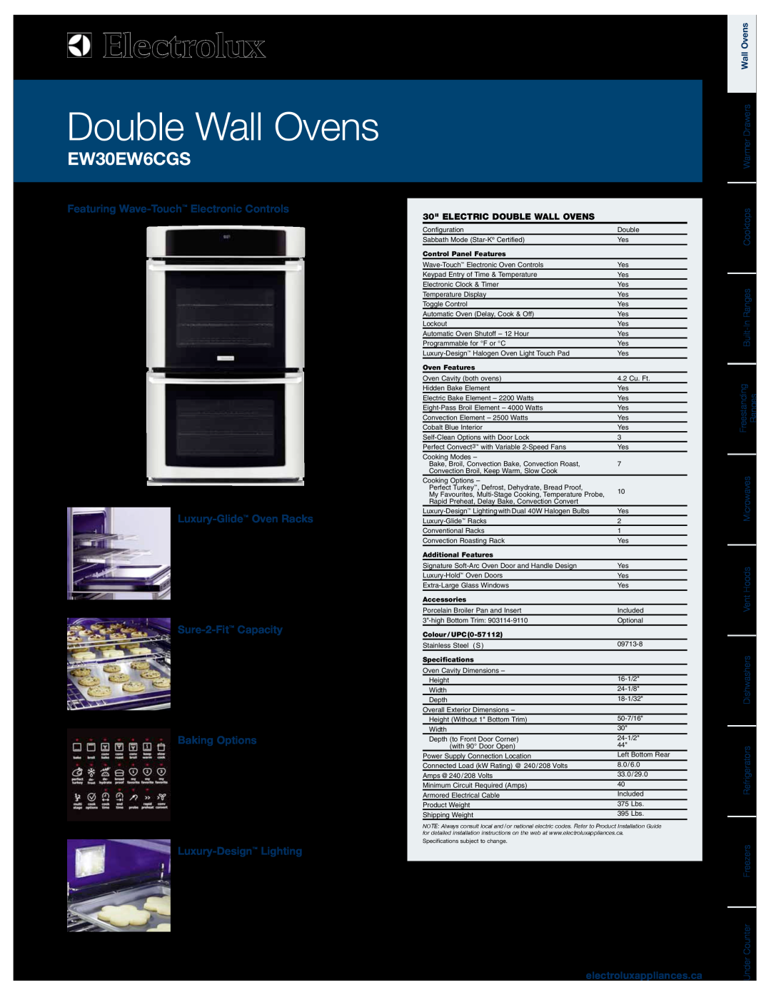 Electrolux EW30EW6CGS specifications Featuring Wave-Touch Electronic Controls Luxury-Glide Oven Racks, Sure-2-Fit Capacity 