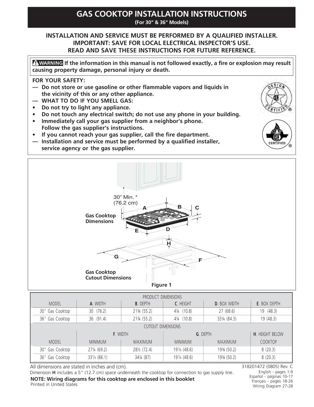 Electrolux EW30GC55G installation instructions GAS Cooktop Installation Instructions 