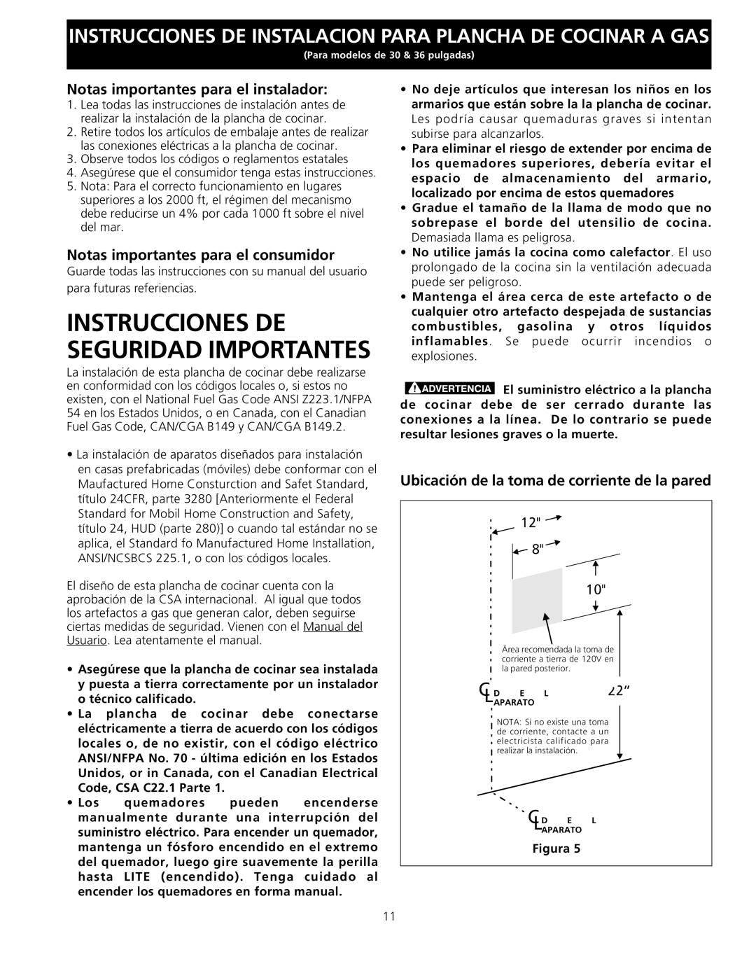 Electrolux EW30GC55G installation instructions Notas importantes para el instalador, Notas importantes para el consumidor 