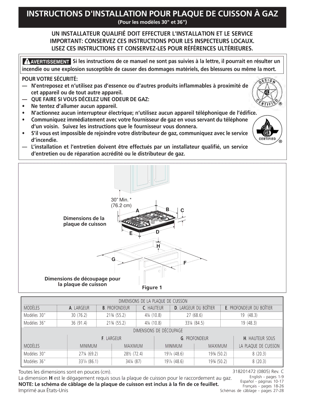 Electrolux EW30GC55G installation instructions Instructions Dinstallation Pour Plaque DE Cuisson À GAZ 