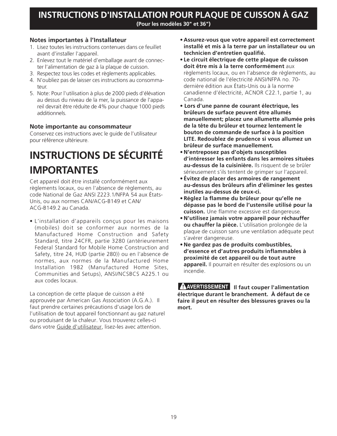 Electrolux EW30GC55G installation instructions Instructions DE Sécurité Importantes 