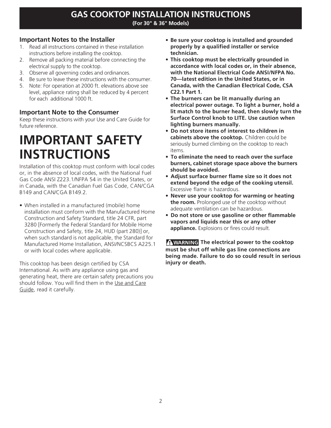 Electrolux EW30GC55G installation instructions Important Notes to the Installer, Important Note to the Consumer 