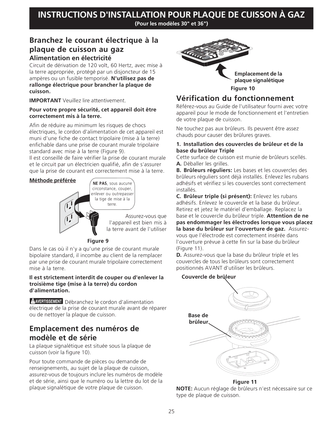 Electrolux EW30GC55G installation instructions Alimentation en électricité, Méthode préférée 