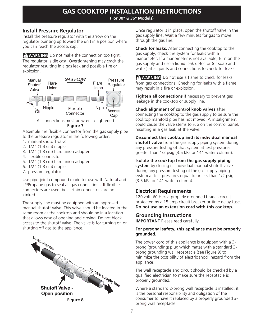 Electrolux EW30GC55G installation instructions Install Pressure Regulator, Electrical Requirements, Grounding Instructions 