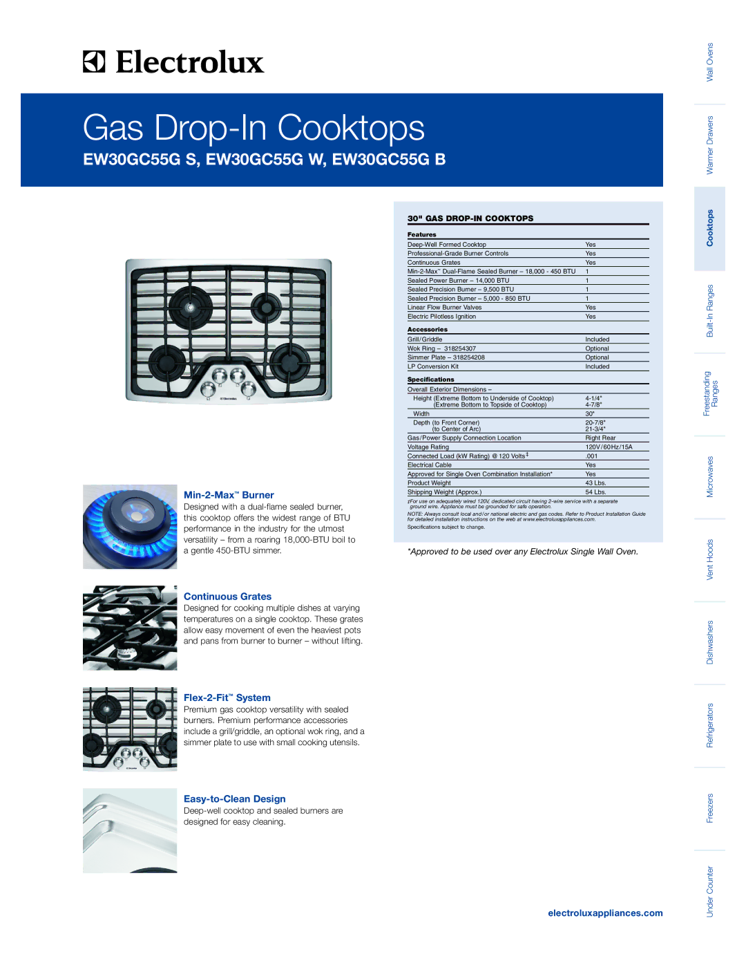 Electrolux EW30GC55GB specifications Min-2-MaxBurner, Continuous Grates, Flex-2-FitSystem, Easy-to-Clean Design 