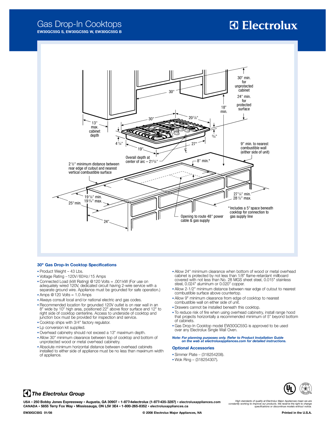 Electrolux EW30GC55GW, EW30GC55GB specifications Gas Drop-In Cooktop Specifications, Optional Accessories 