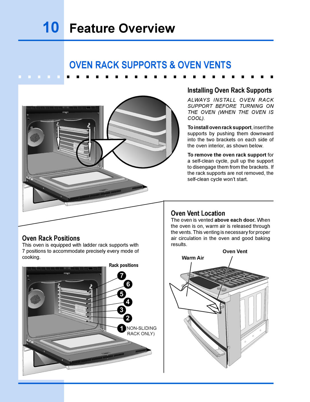 Electrolux EW30GS65GS manual Oven rack supports & Oven Vents, Oven Rack Positions, Installing Oven Rack Supports 