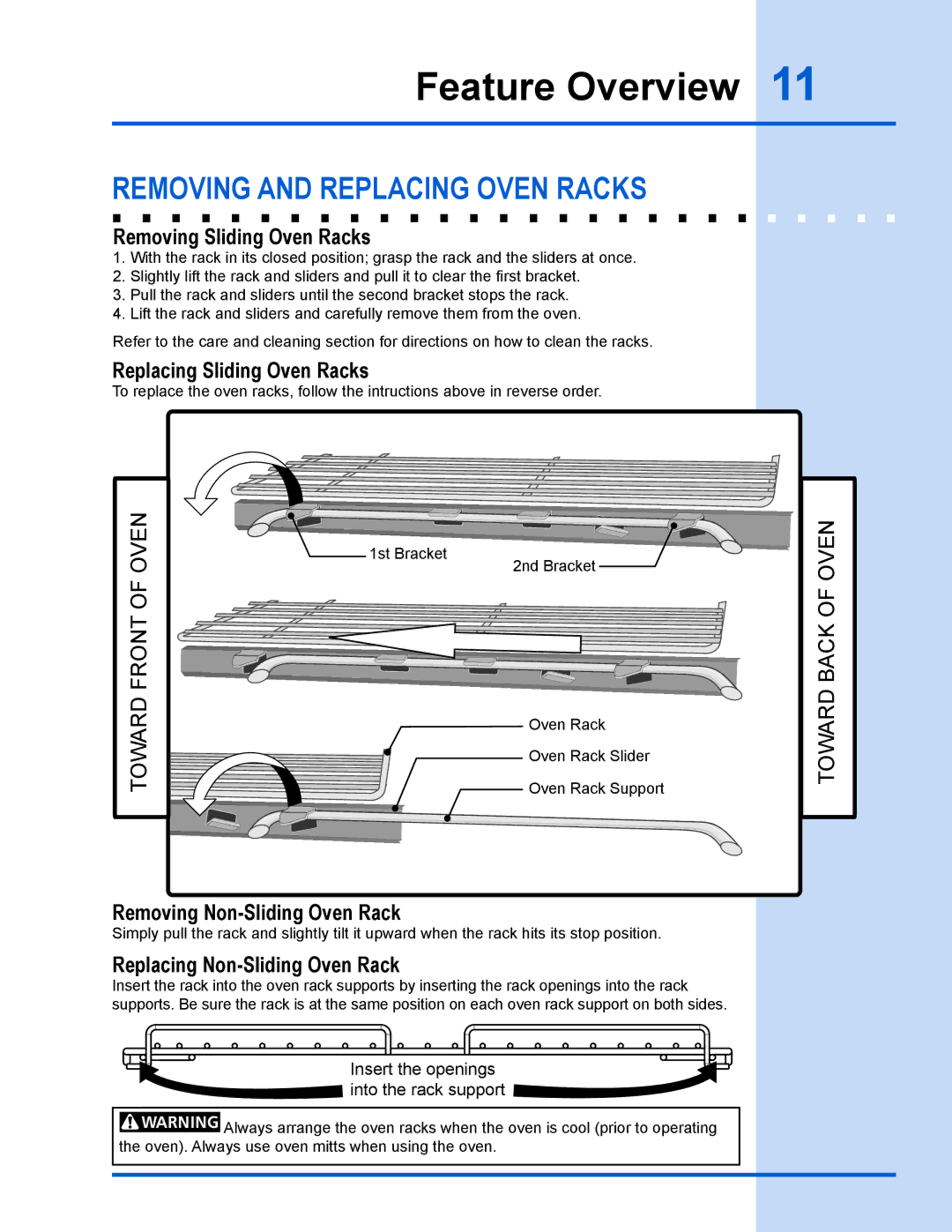 Electrolux EW30GS65GS manual Removing and replacing oven racks, Removing Sliding Oven Racks, Replacing Sliding Oven Racks 