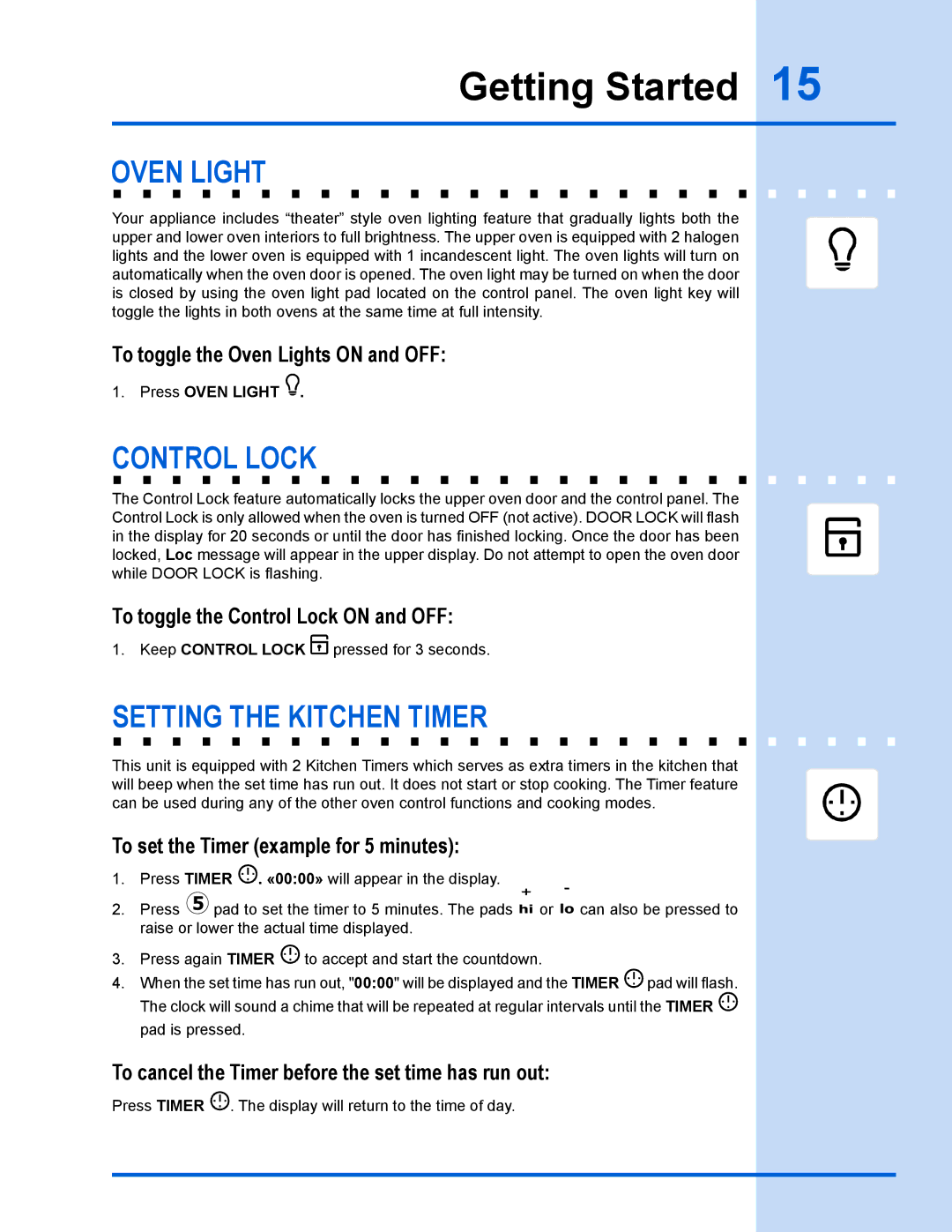 Electrolux EW30GS65GS manual Oven light, Control Lock, Setting the kitchen Timer 