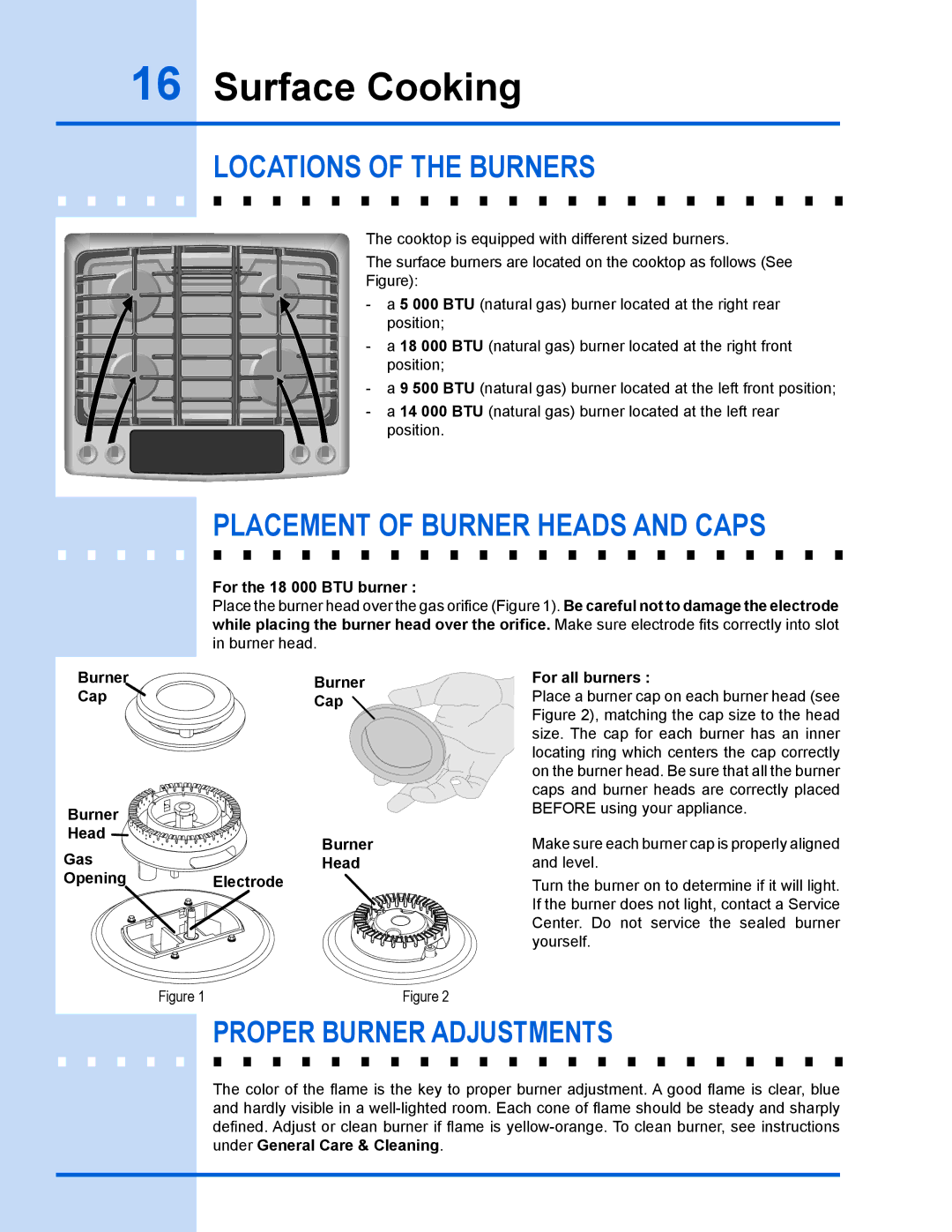 Electrolux EW30GS65GS manual Surface Cooking, Locations of the burners, Placement of burner heads and caps 