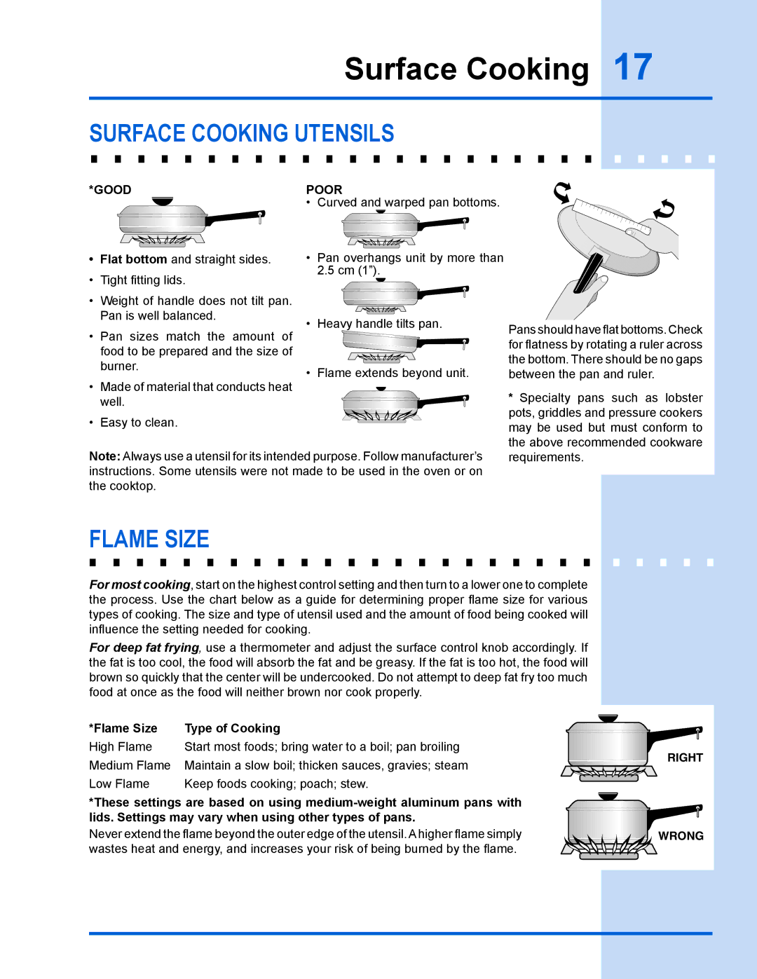 Electrolux EW30GS65GS manual Surface cooking utensils, Flame size, Flame Size Type of Cooking 