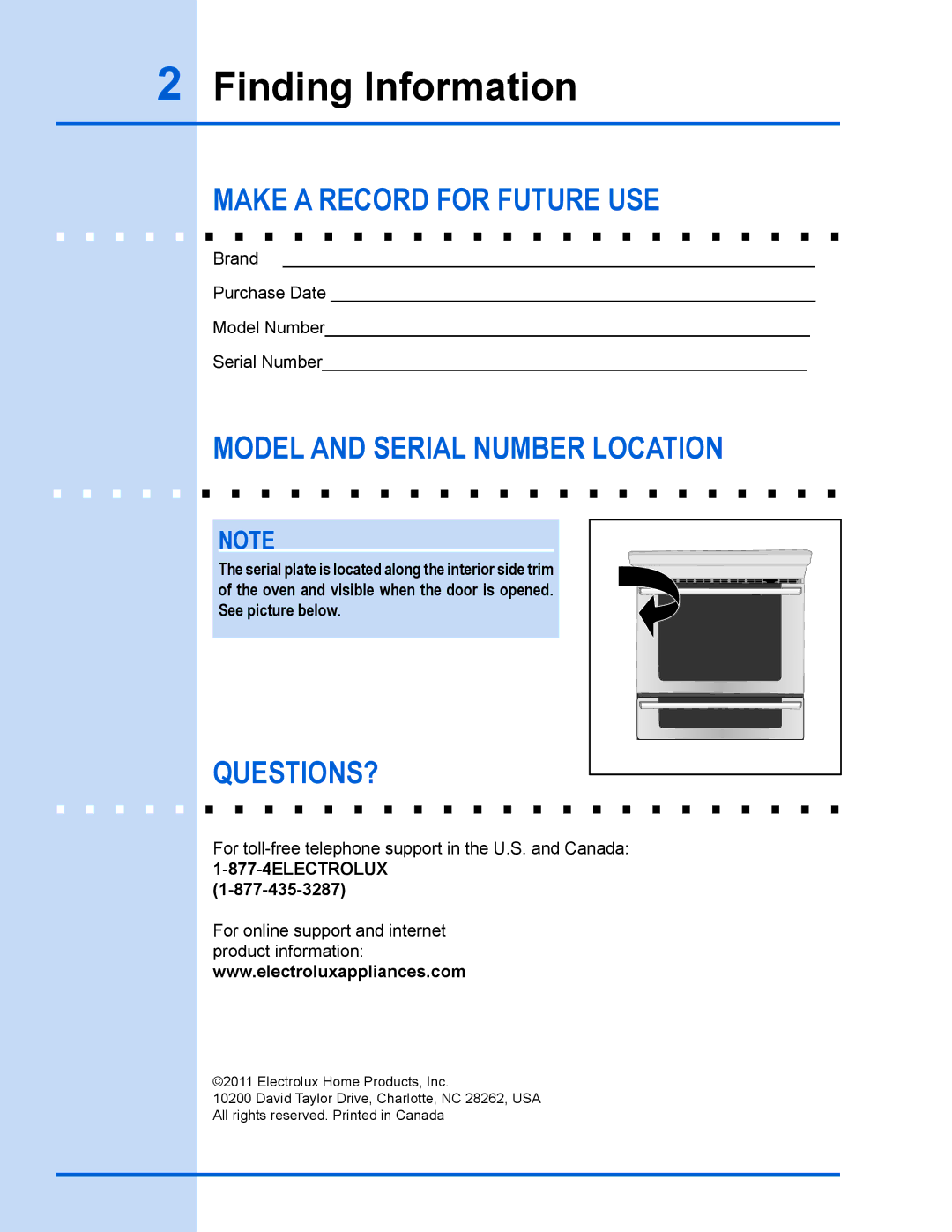 Electrolux EW30GS65GS Finding Information, Make a Record for Future use, Model and Serial Number Location, Questions? 