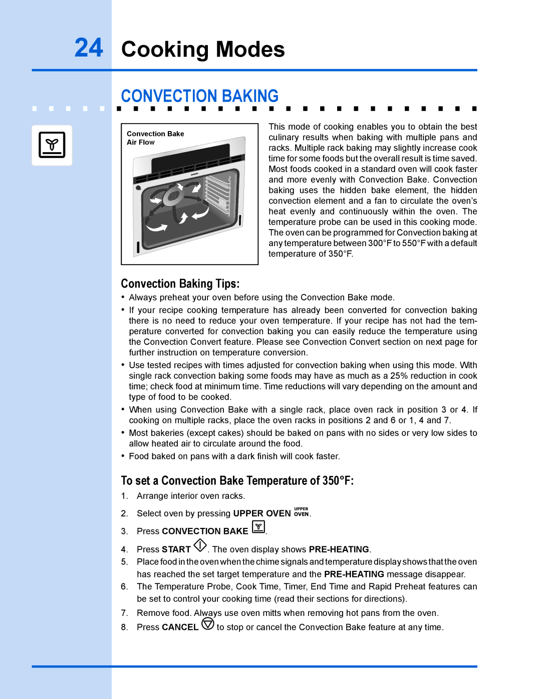 Electrolux EW30GS65GS manual Convection baking, Convection Baking Tips, To set a Convection Bake Temperature of 350F 