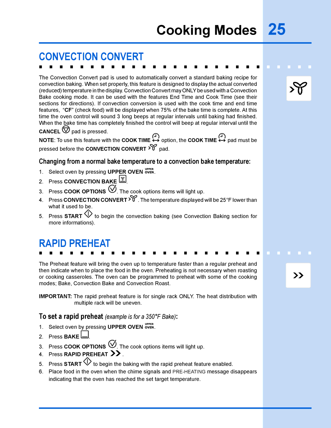 Electrolux EW30GS65GS manual Convection convert, Rapid preheat, Press Rapid Preheat 