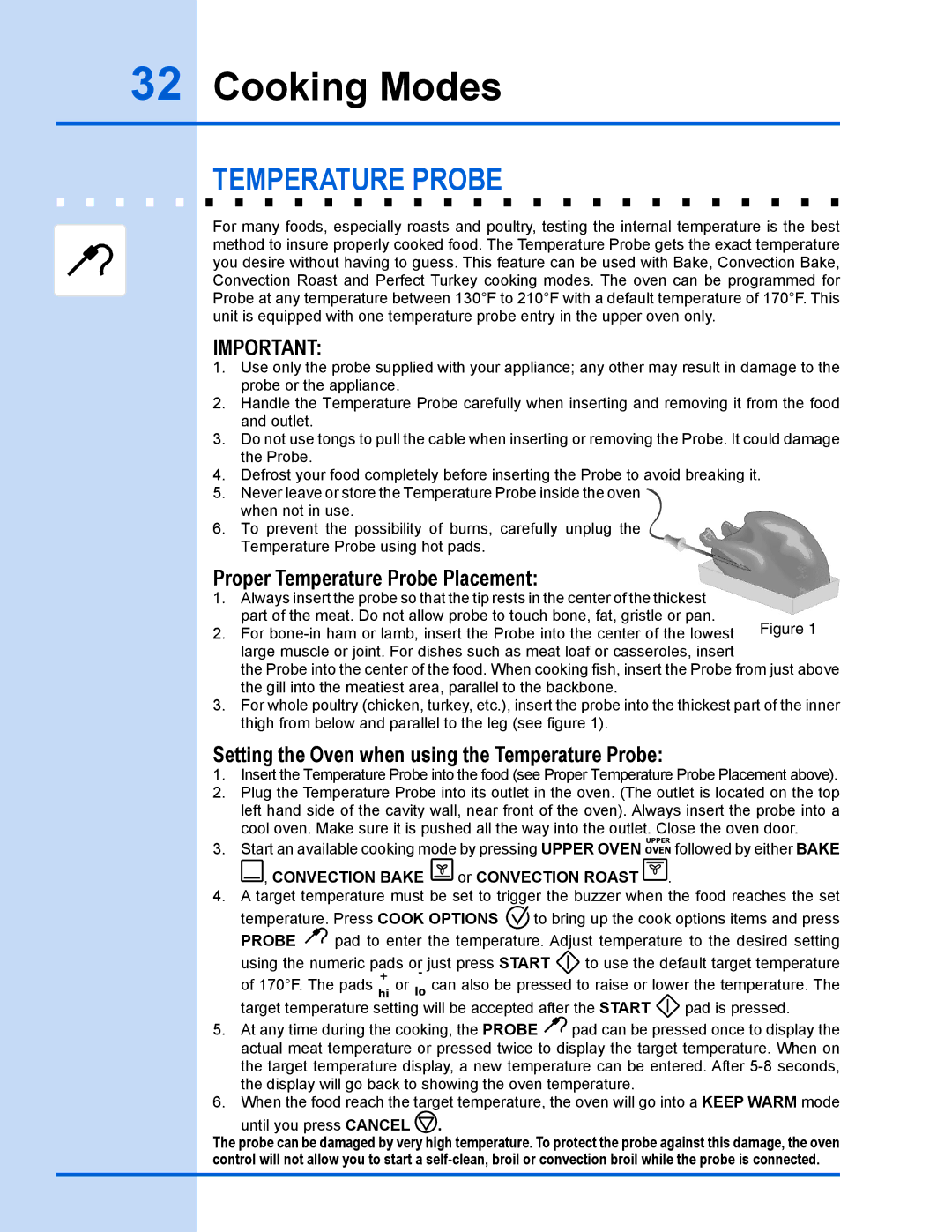 Electrolux EW30GS65GS manual Temperature probe, Proper Temperature Probe Placement, Convection Bake or Convection Roast 