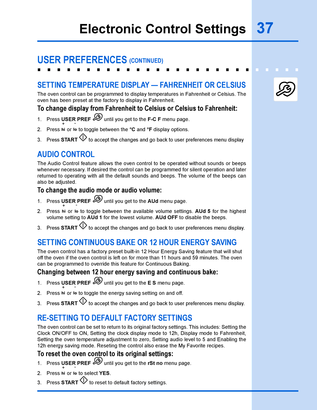 Electrolux EW30GS65GS To change the audio mode or audio volume, Changing between 12 hour energy saving and continuous bake 