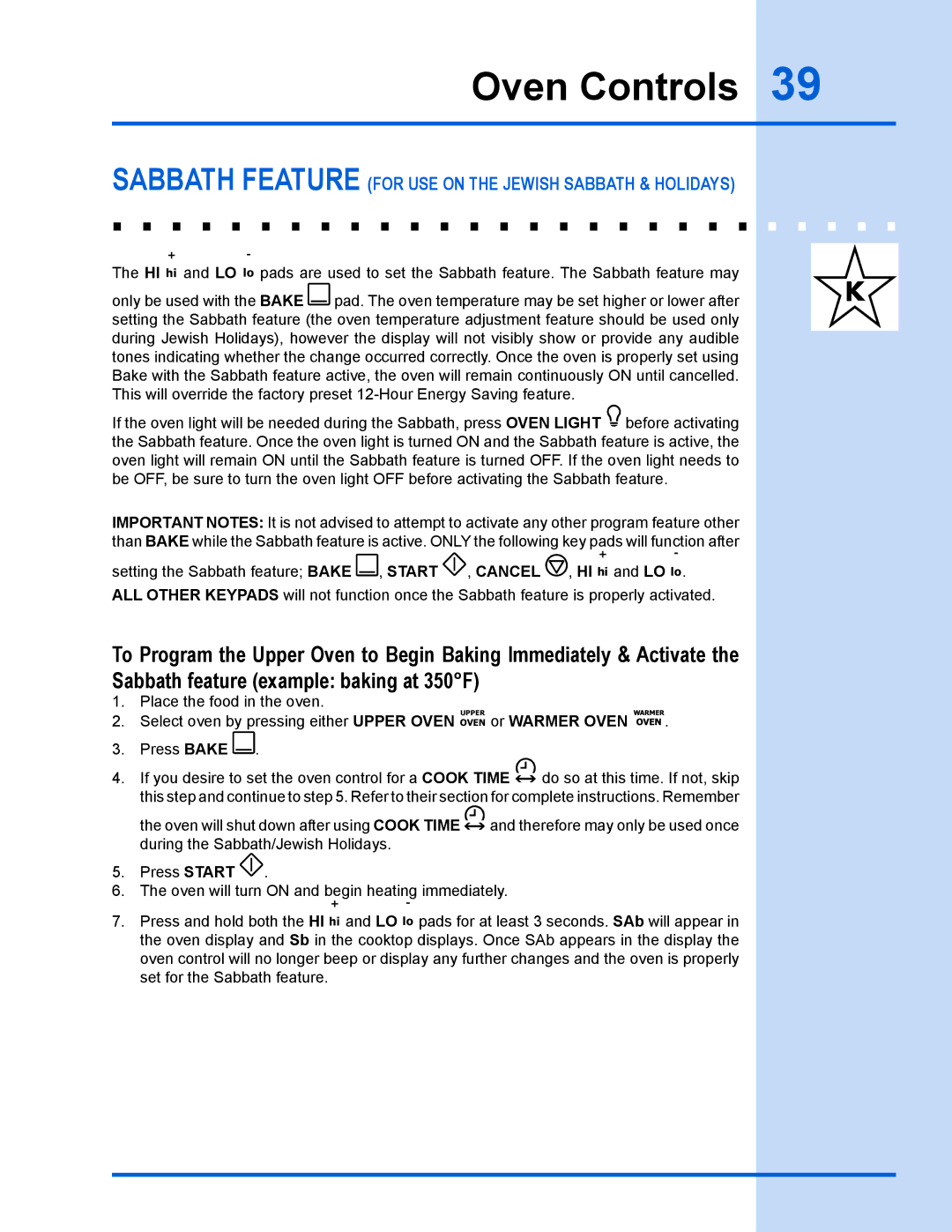 Electrolux EW30GS65GS manual Sabbath feature for use on the jewish sabbath & holidays 