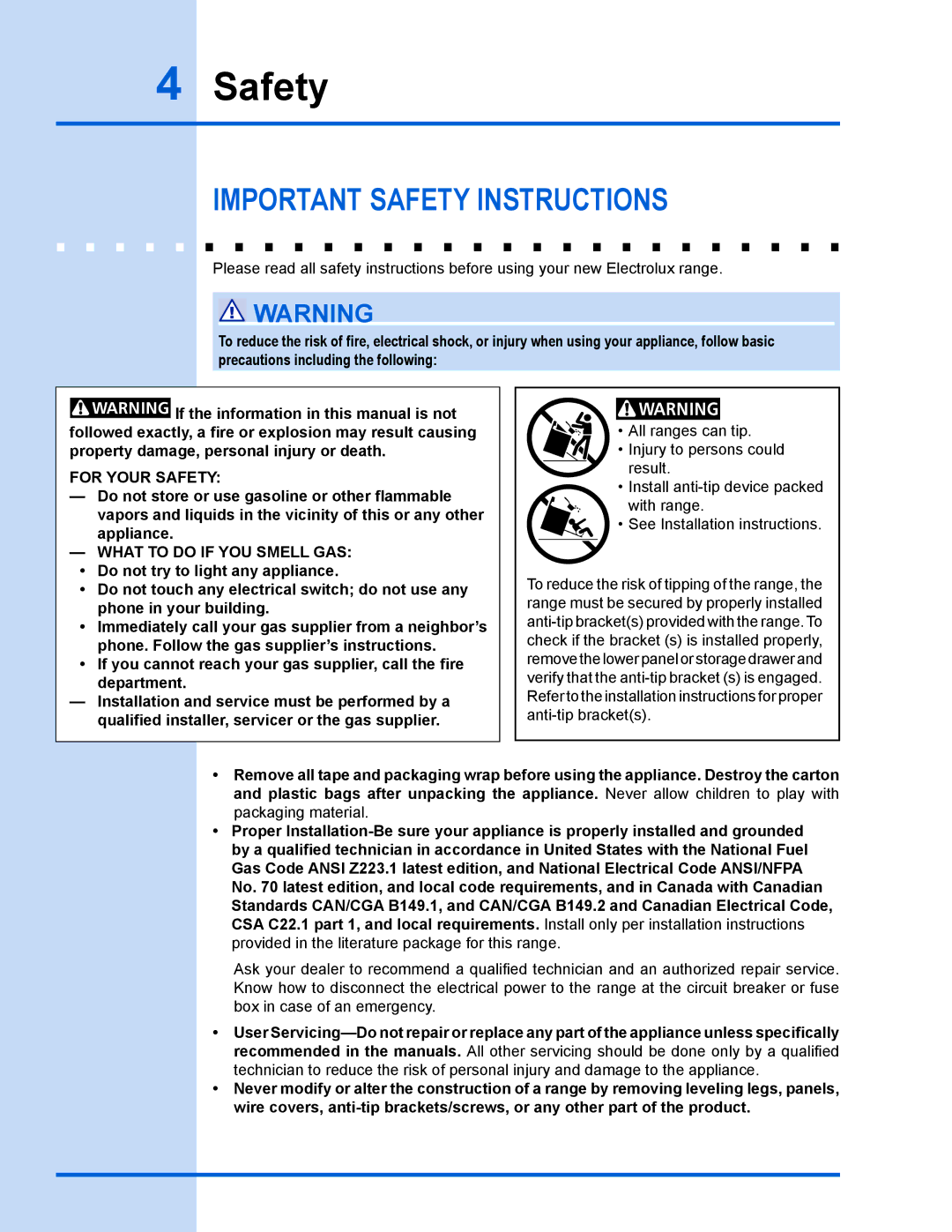 Electrolux EW30GS65GS manual Important Safety Instructions 