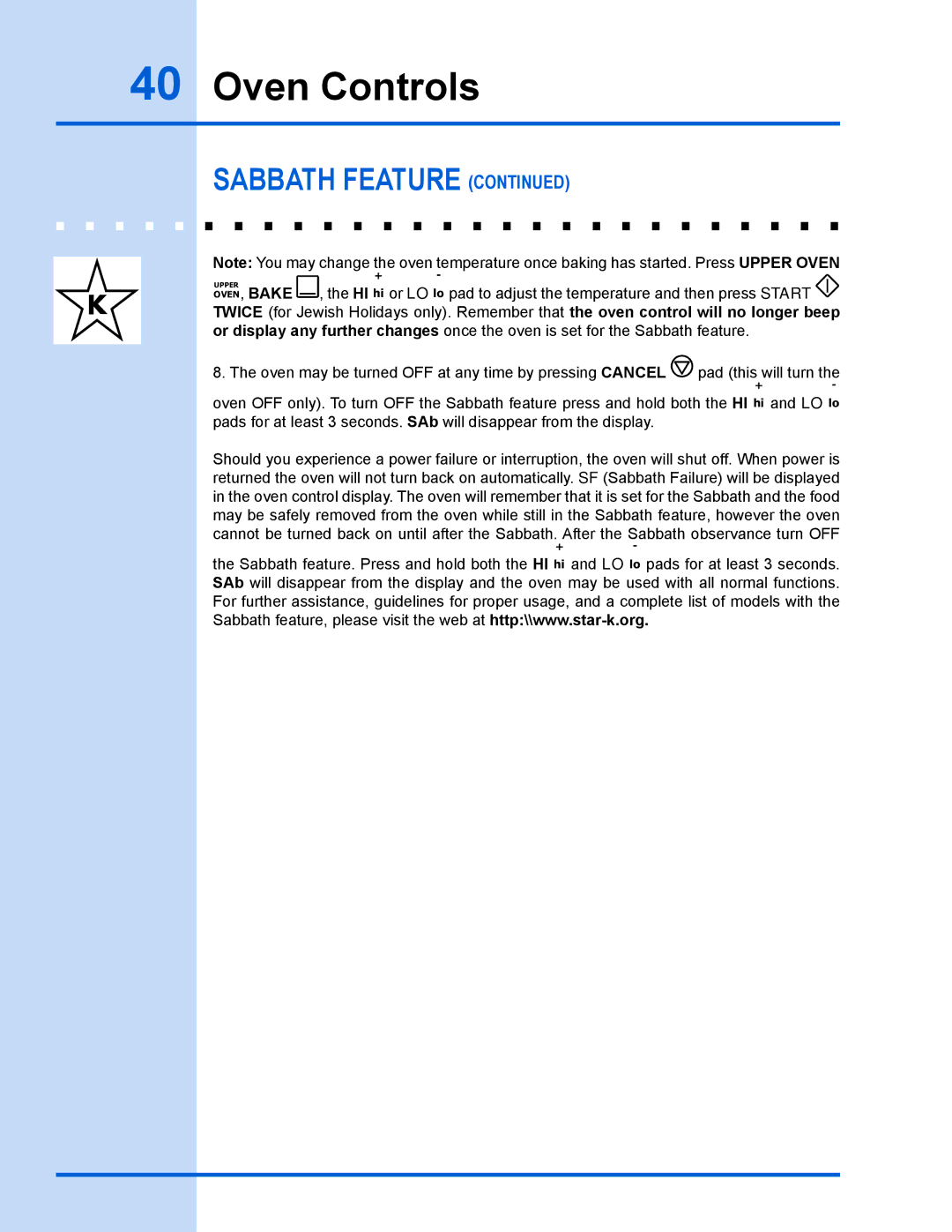 Electrolux EW30GS65GS manual Sabbath feature 