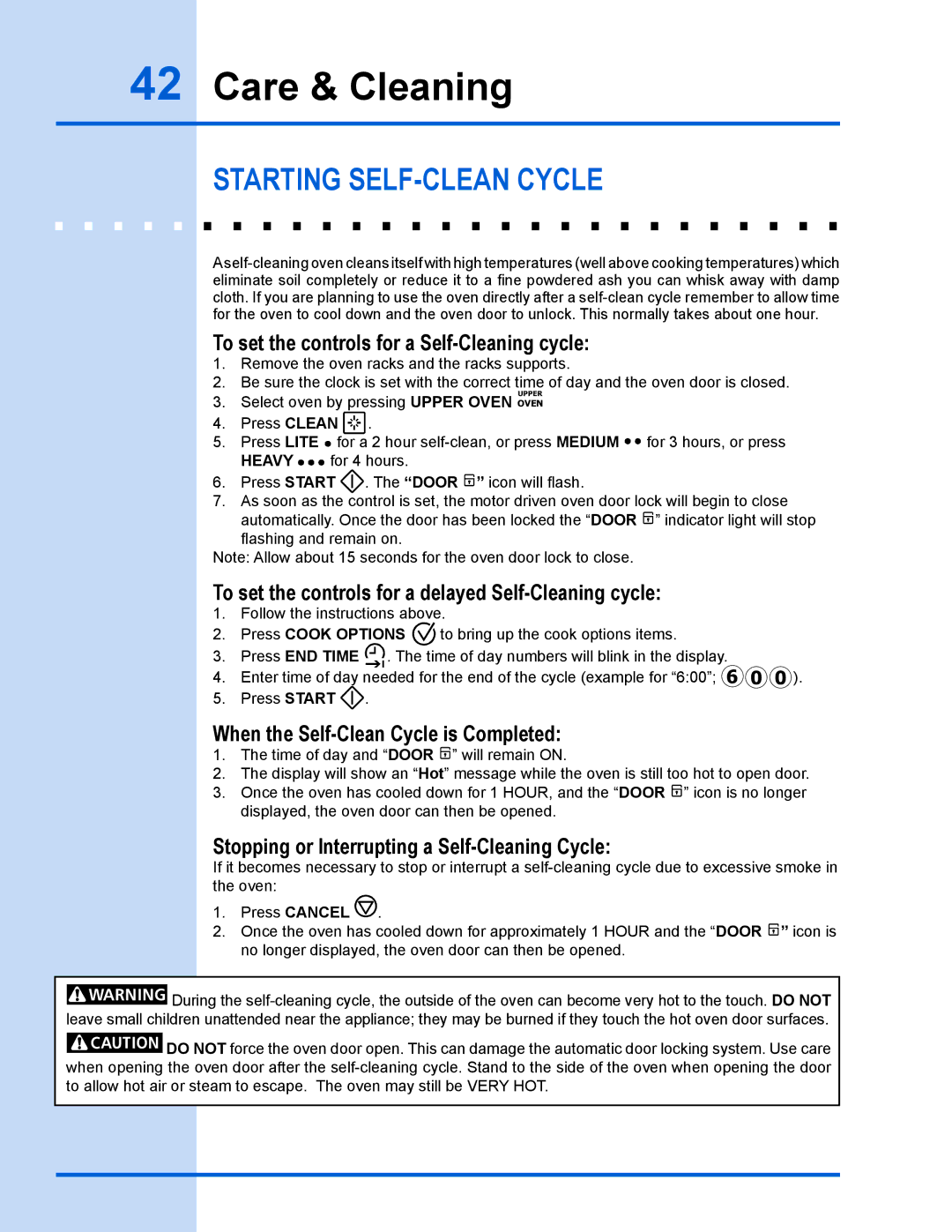 Electrolux EW30GS65GS manual Starting Self-clean cycle, To set the controls for a Self-Cleaning cycle 