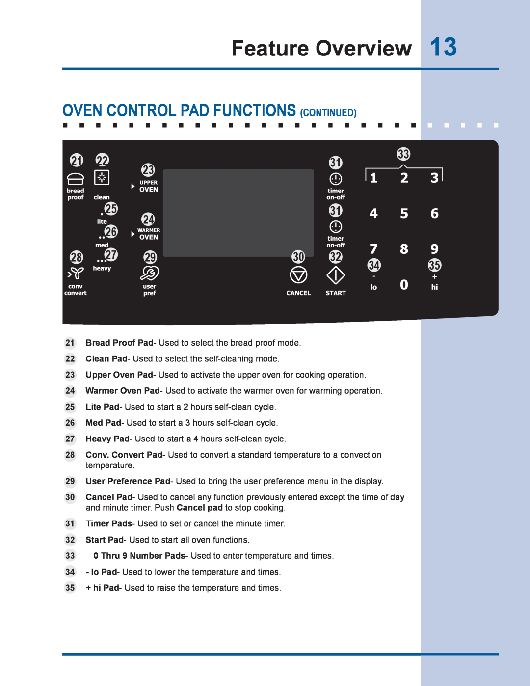Electrolux EW30GS65GS manual Oven Control pad functions Continued, Feature Overview 