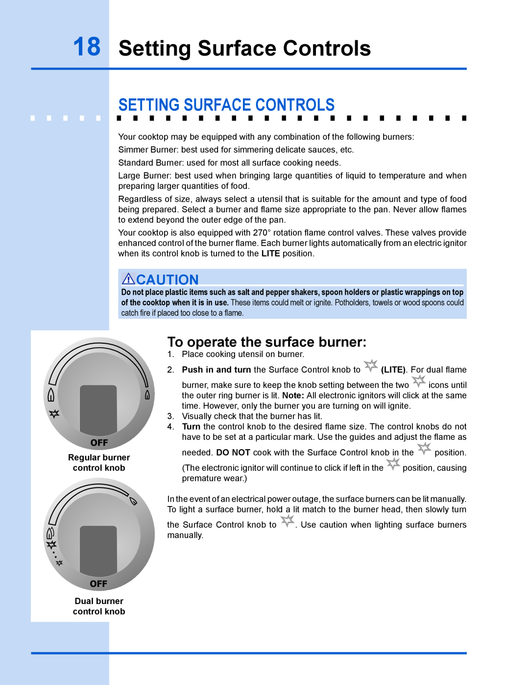 Electrolux EW30GS65GS manual Setting Surface Controls, setting surface controls, To operate the surface burner 