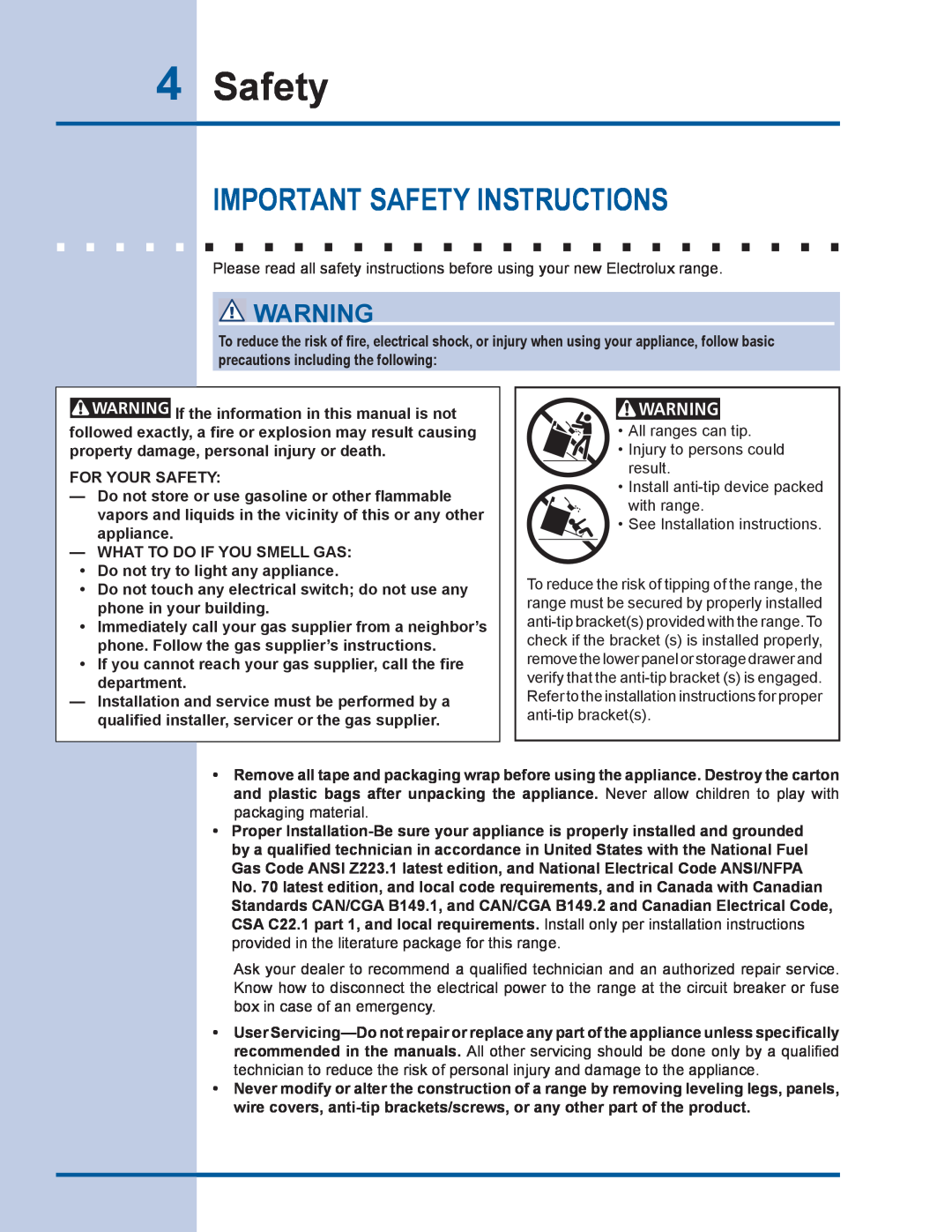 Electrolux EW30GS65GS manual Important Safety Instructions, For Your Safety 
