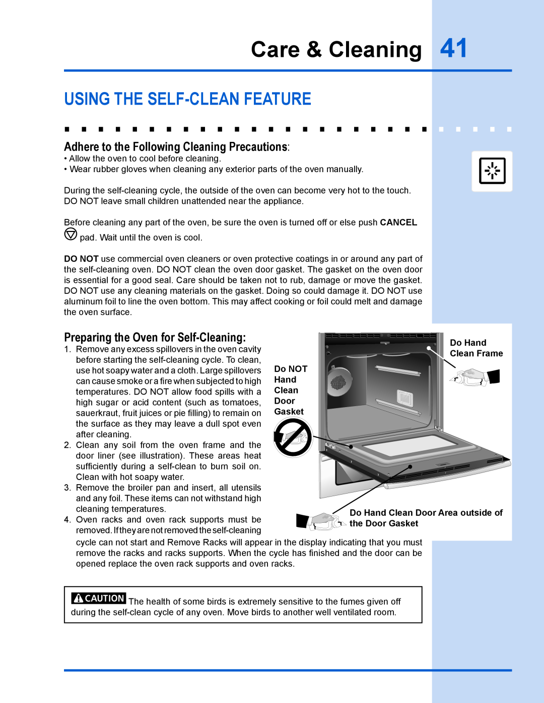 Electrolux EW30GS65GS Care & Cleaning, Using the self-clean feature, Adhere to the Following Cleaning Precautions, Do Hand 
