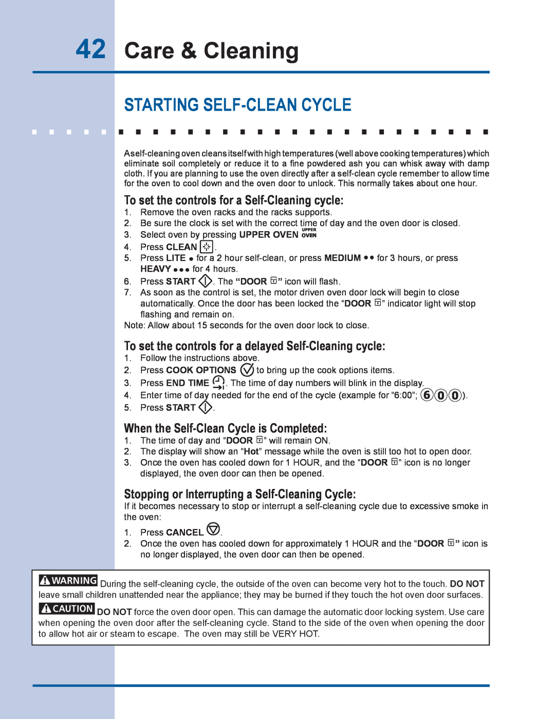 Electrolux EW30GS65GS manual Care & Cleaning, Starting Self-clean cycle, To set the controls for a Self-Cleaning cycle 