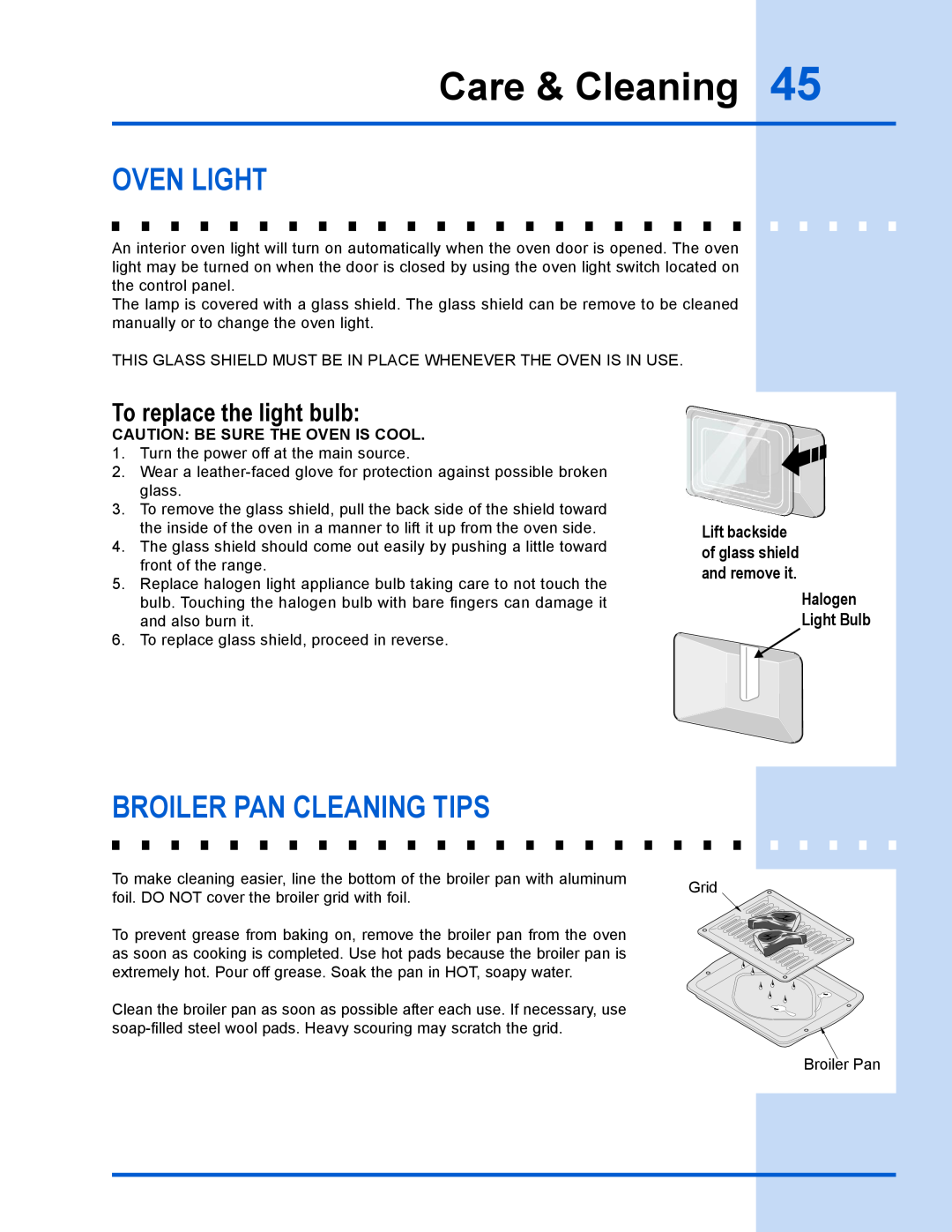 Electrolux EW30GS65GS broiler pan cleaning tips, To replace the light bulb, Lift backside, of glass shield, and remove it 