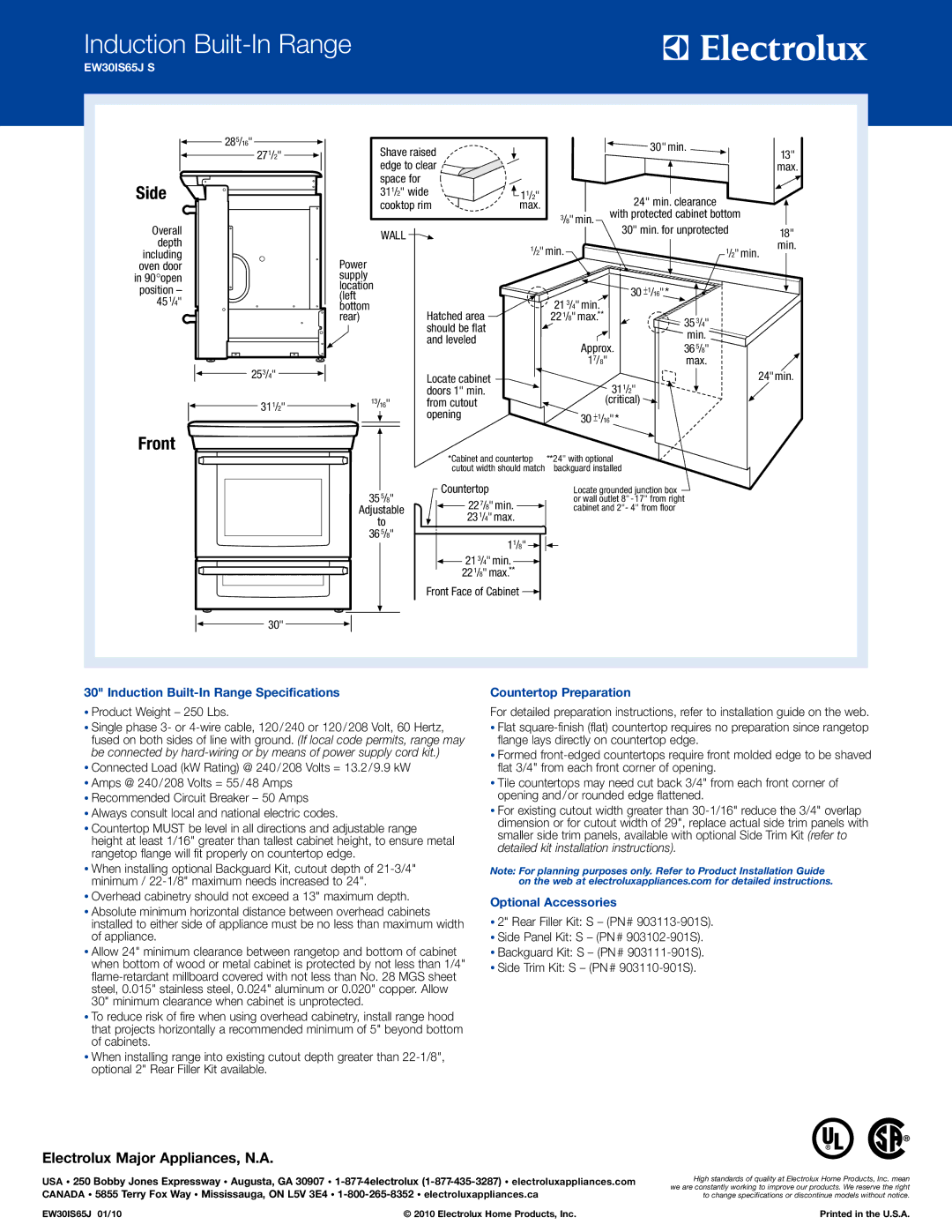 Electrolux EW30IS65JS specifications Induction Built-In Range Specifications, Countertop Preparation, Optional Accessories 