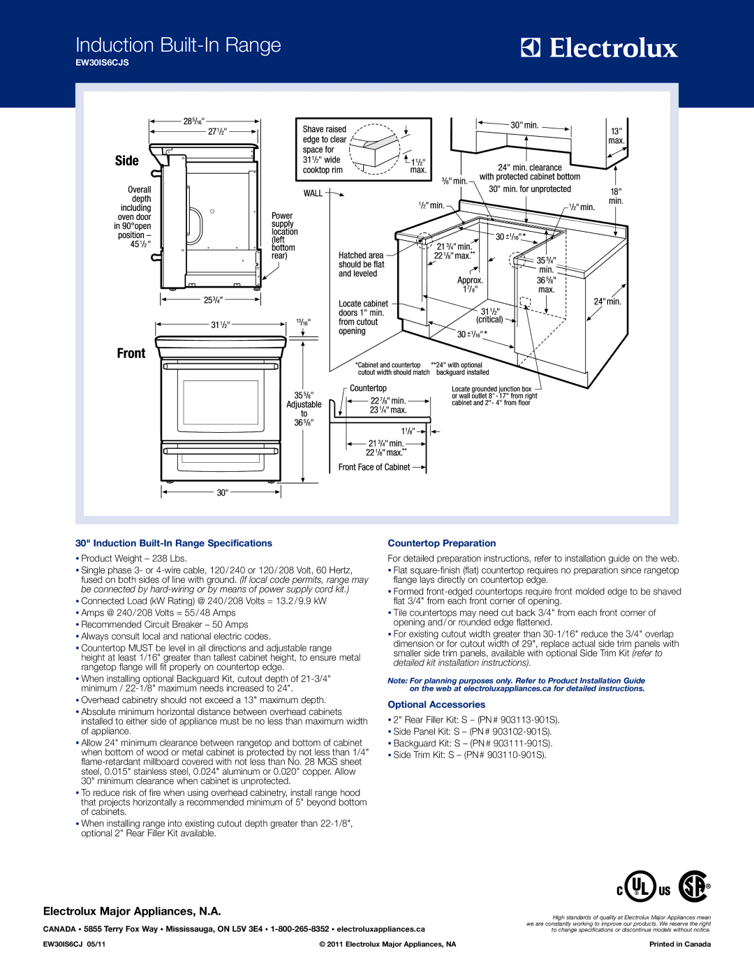 Electrolux EW30IS6CJS specifications Induction Built-In Range Specifications, Countertop Preparation, Optional Accessories 