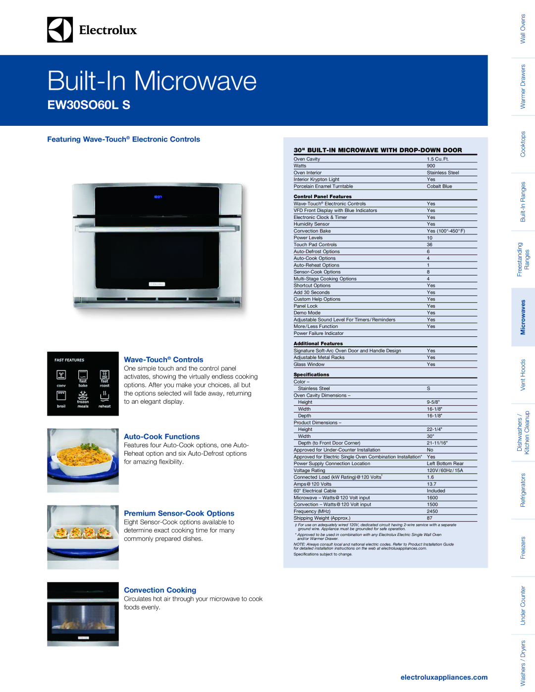 Electrolux EW30SO60L S specifications Featuring Wave-TouchElectronic Controls Wave-TouchControls, Auto-Cook Functions 