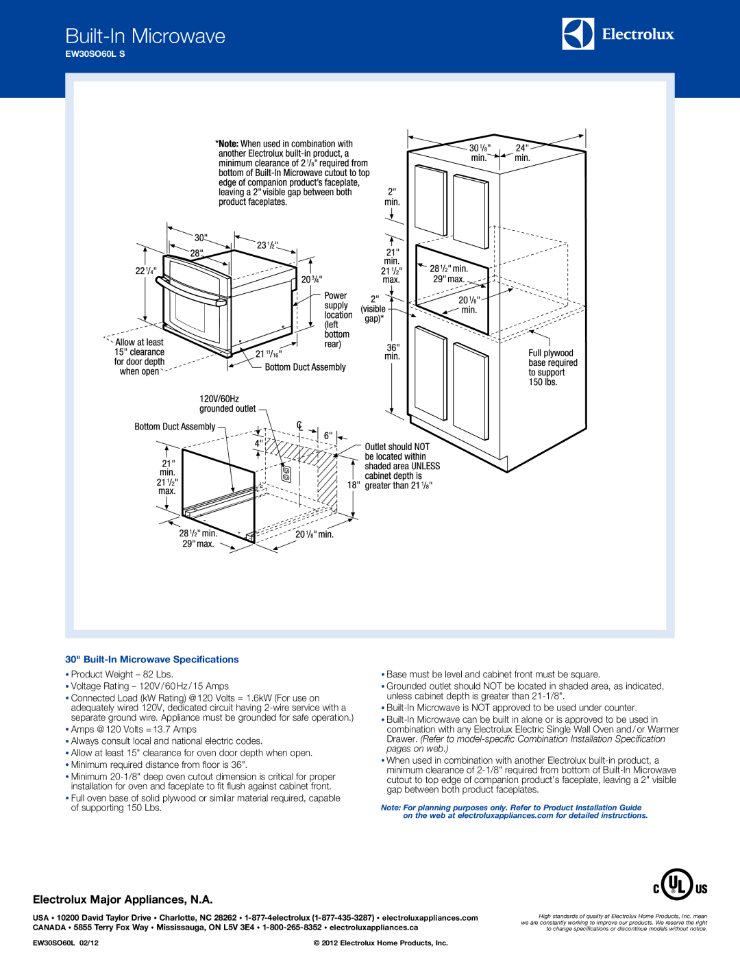 Electrolux EW30SO60L S specifications Built-In Microwave Specifications 